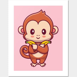 Cute Monkey Holding Banana Posters and Art